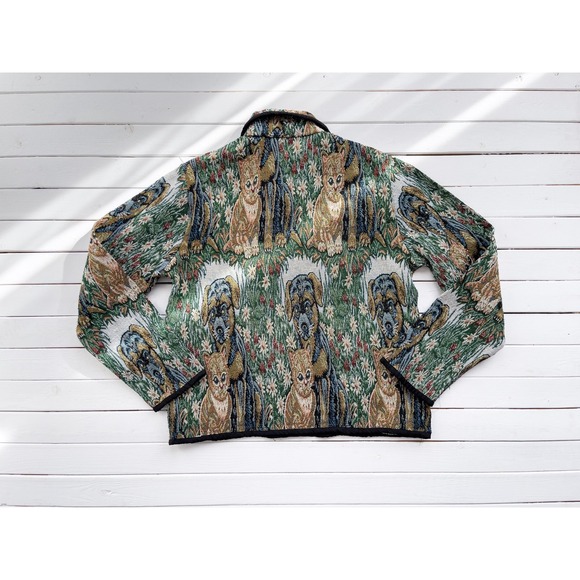 vtg Sara Studio cat kitten puppy dog floral cottagecore woven tapestry jacket - Picture 5 of 5
